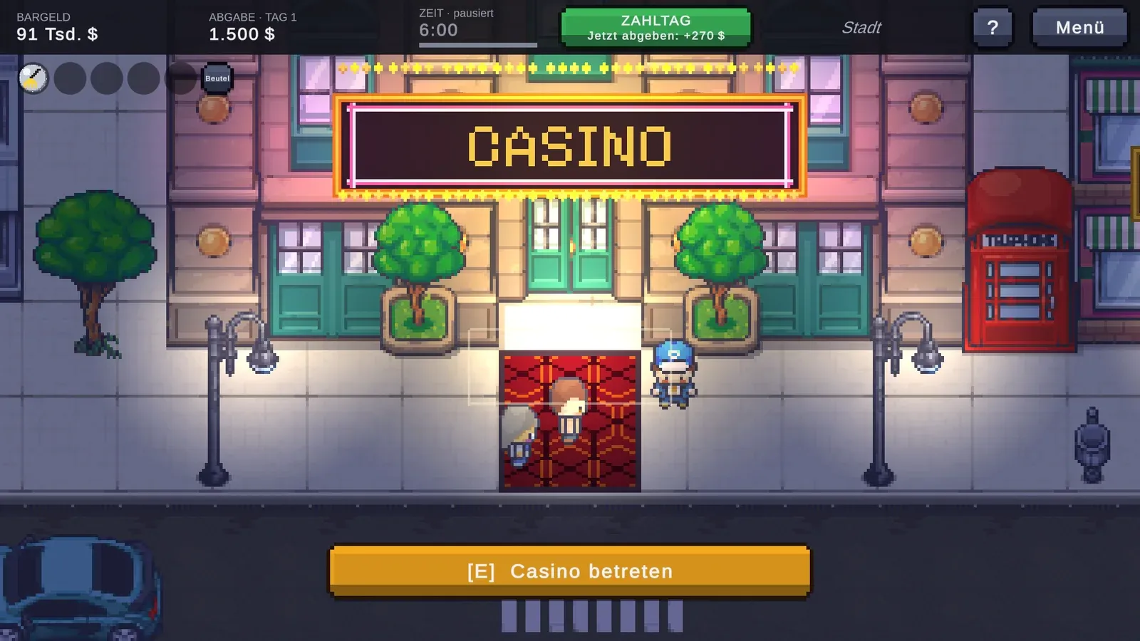 Stadtansicht mit dem Casino-Eingang, oben Bargeld, Abgabe und Timer